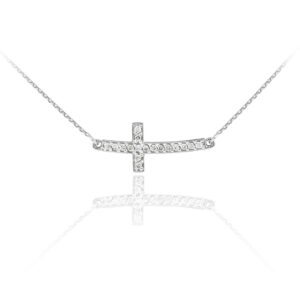 14k White Gold Diamond Sideways Cute Curved Cross Necklace (20 Inches)