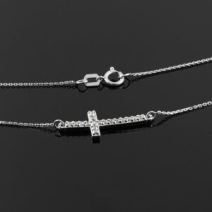 14k White Gold Diamond Sideways Cute Curved Cross Necklace (20 Inches)