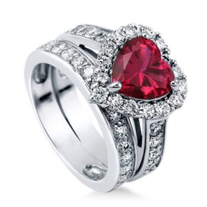 berricle sterling silver halo wedding engagement rings simulated ruby cubic zirconia cz statement heart ring set for women, rhodium plated size 8