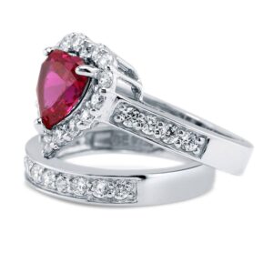 BERRICLE Sterling Silver Halo Wedding Engagement Rings Simulated Ruby Cubic Zirconia CZ Statement Heart Ring Set for Women, Rhodium Plated Size 8