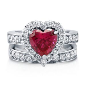 BERRICLE Sterling Silver Halo Wedding Engagement Rings Simulated Ruby Cubic Zirconia CZ Statement Heart Ring Set for Women, Rhodium Plated Size 8