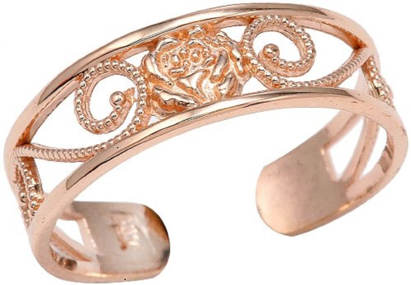 Ladies 14k Rose Gold Filigree Pink Flower Adjustable Toe Ring