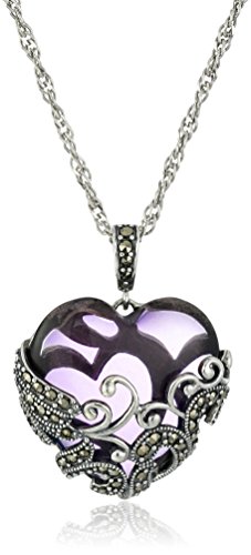 Amazon Essentials Sterling Silver Oxidized Genuine Marcasite and Amethyst Colored Glass Filigree Heart Pendant Necklace, 18" (previously Amazon Collection)