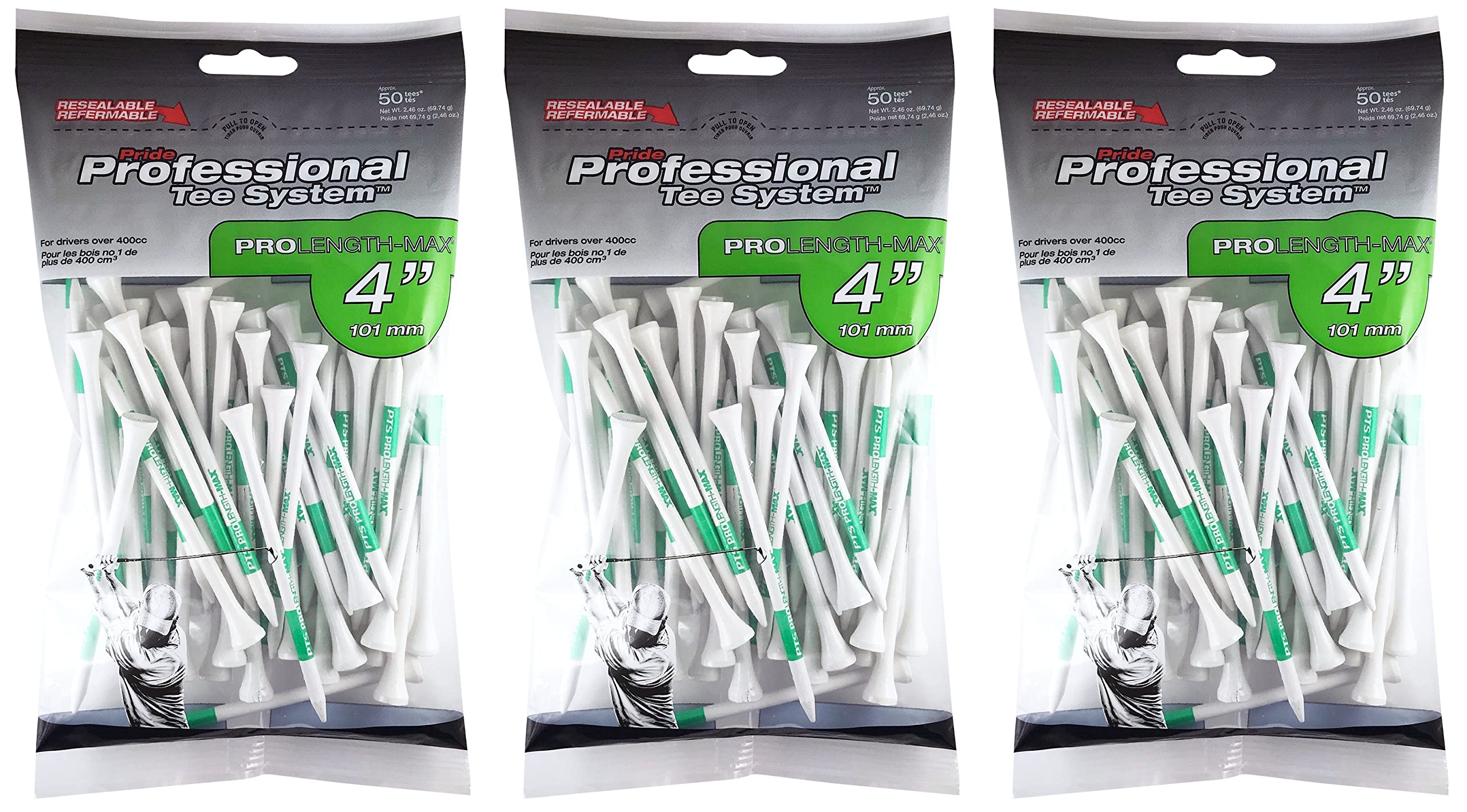 PRIDE PROFESSIONAL TEE SYSTEM PROLENGTH MAX 4" WHITE GOLF TEES - 3 BAGS