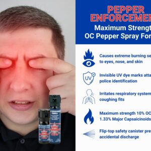 Pepper Enforcement 4 oz. Fogger Pepper Spray with Metal Belt Clip Holster for Self Defense - Maximum Strength 10% OC Fog Formula, Flip Top Safety Tactical Design, Personal Protection Devices