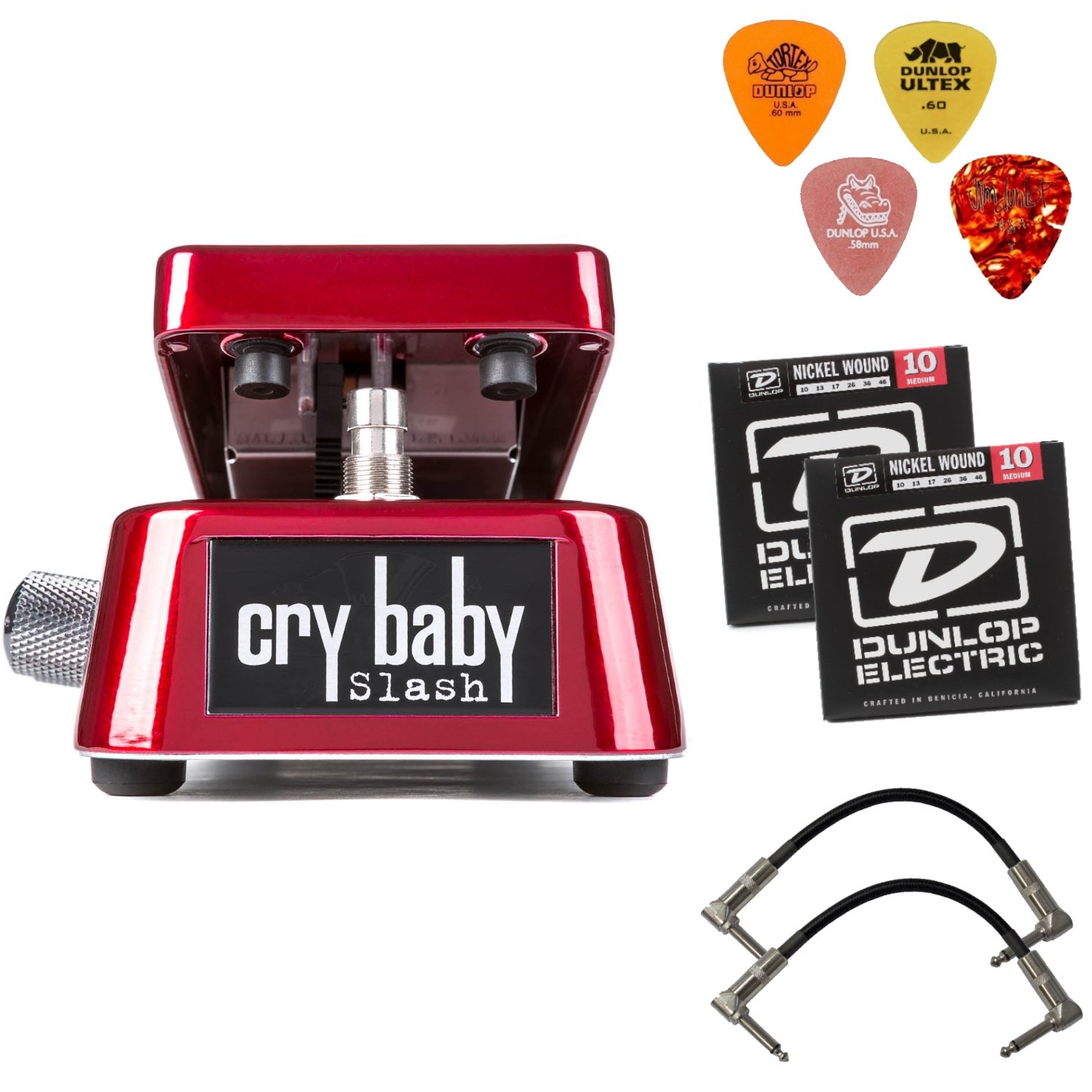 DUNLOP SW95 Cry Baby Slash Signature Wah Wah Guitar Effects Pedal Bundle With DUNLOP Sample Pick Pack, Dunlop DEN1046 Electric Nickel Medium Guitar Strings 10-46 and 2 Patch Cables (6")