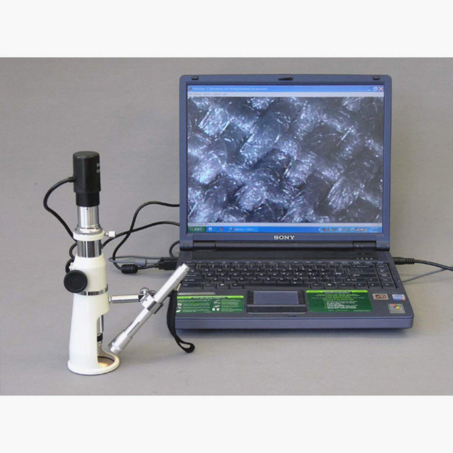 AmScope H100-E2 Digital Handheld Stand Measuring Microscope, 100x Magnification, 17mm Field of View, Includes Pen Light, 2MP Camera, and Software