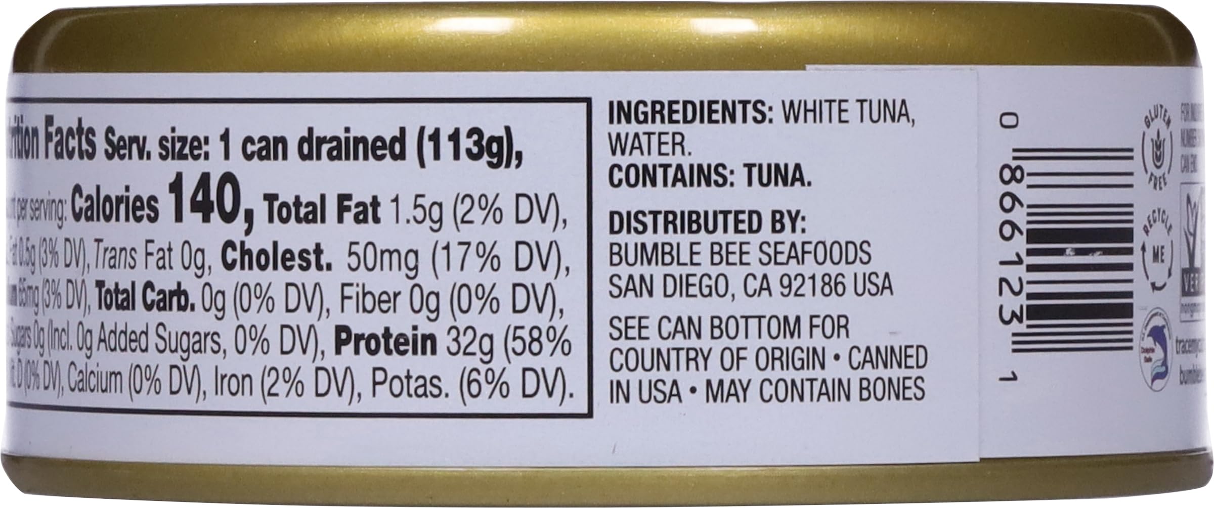 Bumble Bee Prime Solid White Albacore Tuna- Low Sodium in Water, 5 oz Can (Pack of 12) - Premium Wild Caught Tuna - 32g Protein per Serving - Non-GMO Project Verified, Gluten Free, Kosher