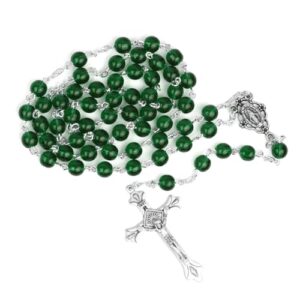 TrueFaithJewelry 6mm Round Crystal Glass Holy Rosary Prayer Beads Necklace with Jesus Crucifix Cross and Our Lady Of Grace Miraculous Virgin Mary, for Women and Men, 17.5-Inch, Green/Silver