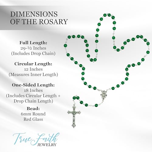 TrueFaithJewelry 6mm Round Crystal Glass Holy Rosary Prayer Beads Necklace with Jesus Crucifix Cross and Our Lady Of Grace Miraculous Virgin Mary, for Women and Men, 17.5-Inch, Green/Silver