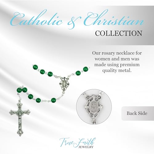 TrueFaithJewelry 6mm Round Crystal Glass Holy Rosary Prayer Beads Necklace with Jesus Crucifix Cross and Our Lady Of Grace Miraculous Virgin Mary, for Women and Men, 17.5-Inch, Green/Silver