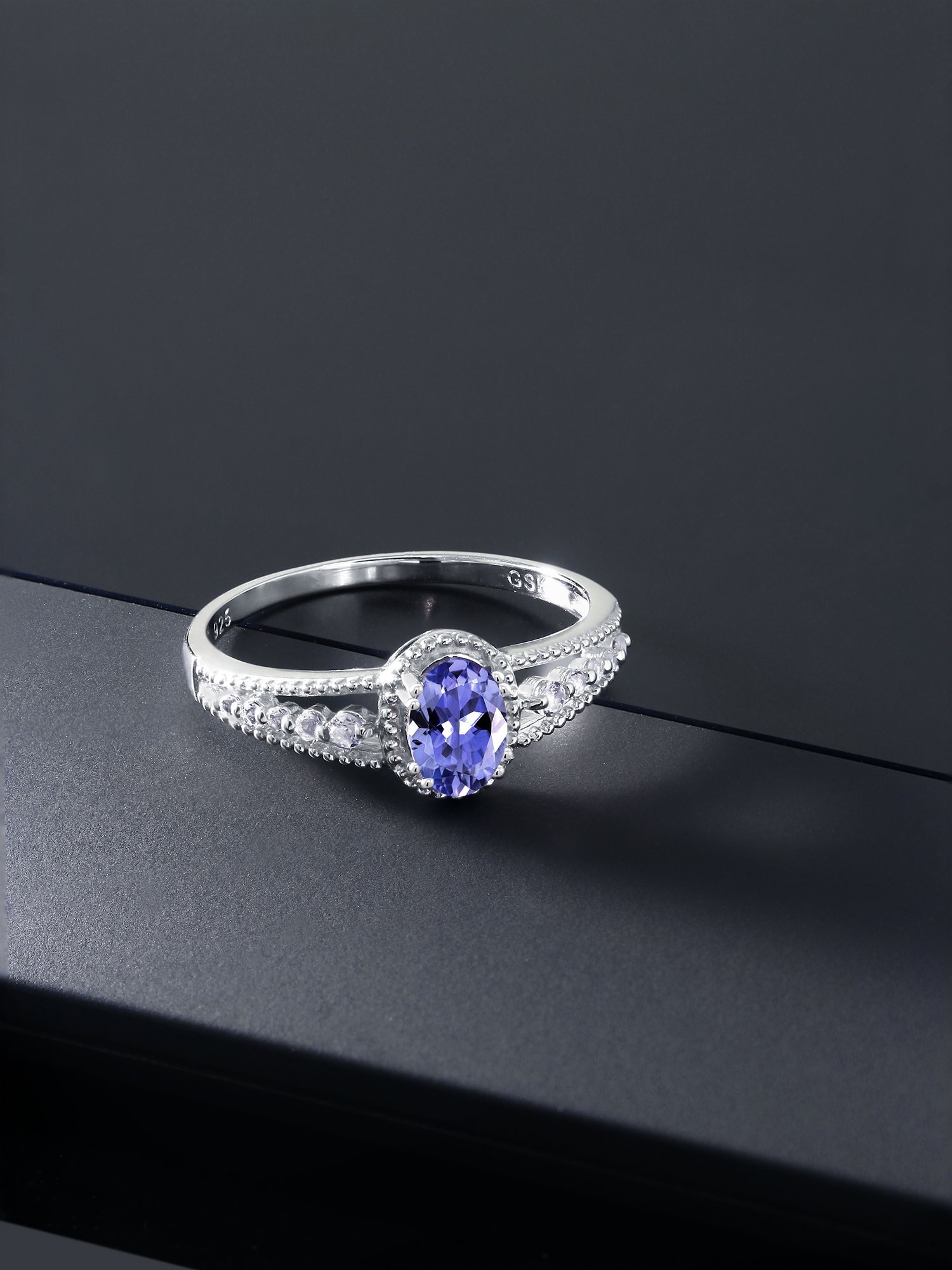 Gem Stone King 1.00 Cttw Tanzanite and White Topaz Engagement Ring For Women In 925 Sterling Silver | Oval 7X5MM | Gemstone Birthstone | Available In Size 5, 6, 7, 8, 9