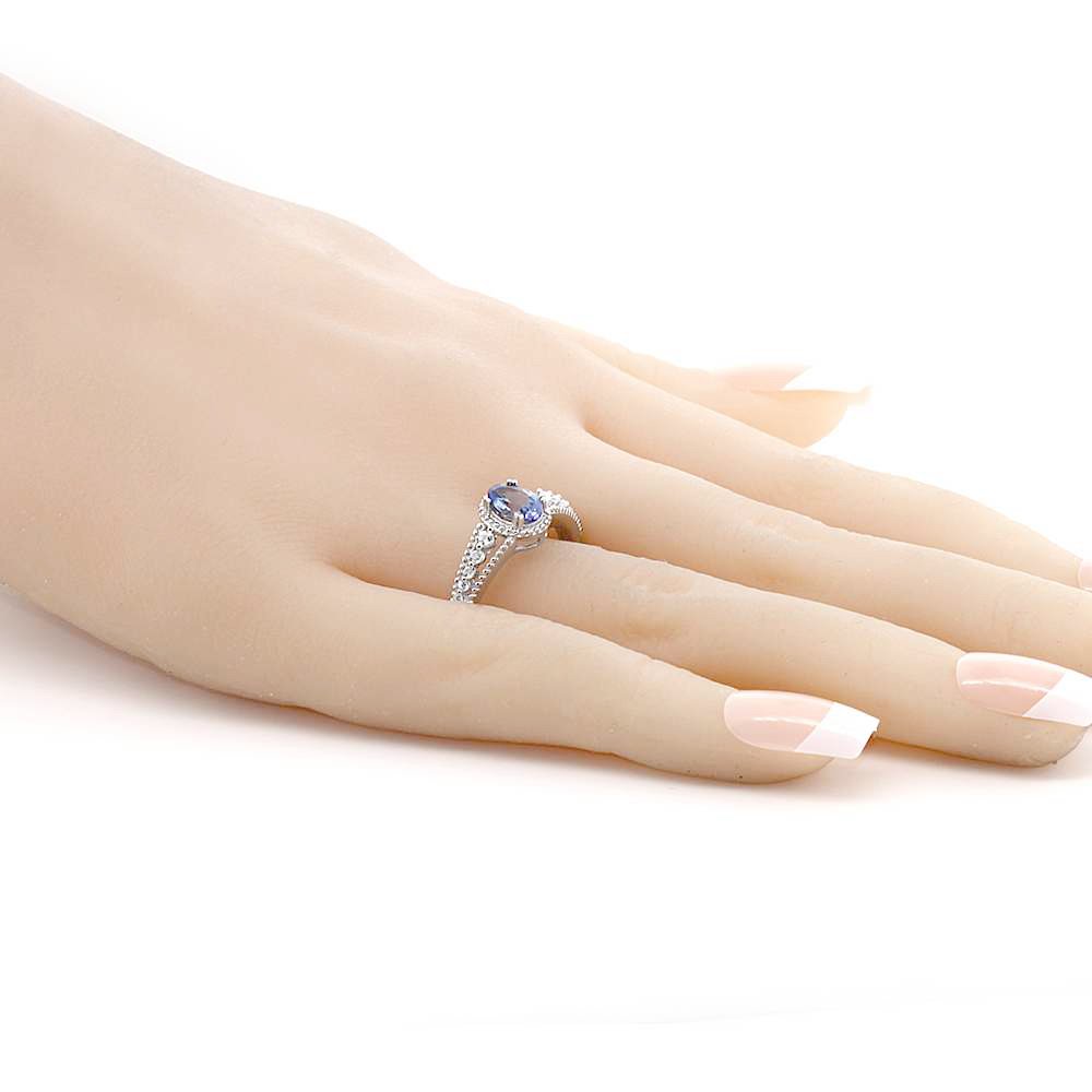 Gem Stone King 1.00 Cttw Tanzanite and White Topaz Engagement Ring For Women In 925 Sterling Silver | Oval 7X5MM | Gemstone Birthstone | Available In Size 5, 6, 7, 8, 9