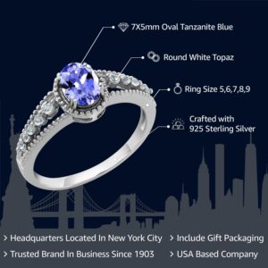 Gem Stone King 1.00 Cttw Tanzanite and White Topaz Engagement Ring For Women In 925 Sterling Silver | Oval 7X5MM | Gemstone Birthstone | Available In Size 5, 6, 7, 8, 9