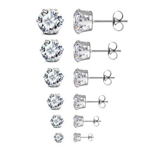 JewelrieShop Stud Earrings Surgical Steel Earrings for Sensitive Ears Hypoallergenic Cubic Zirconia Stud Earrings Pack for Women (6 Pairs, White CZ, Silver Post, 3-8mm, 6 Prong)