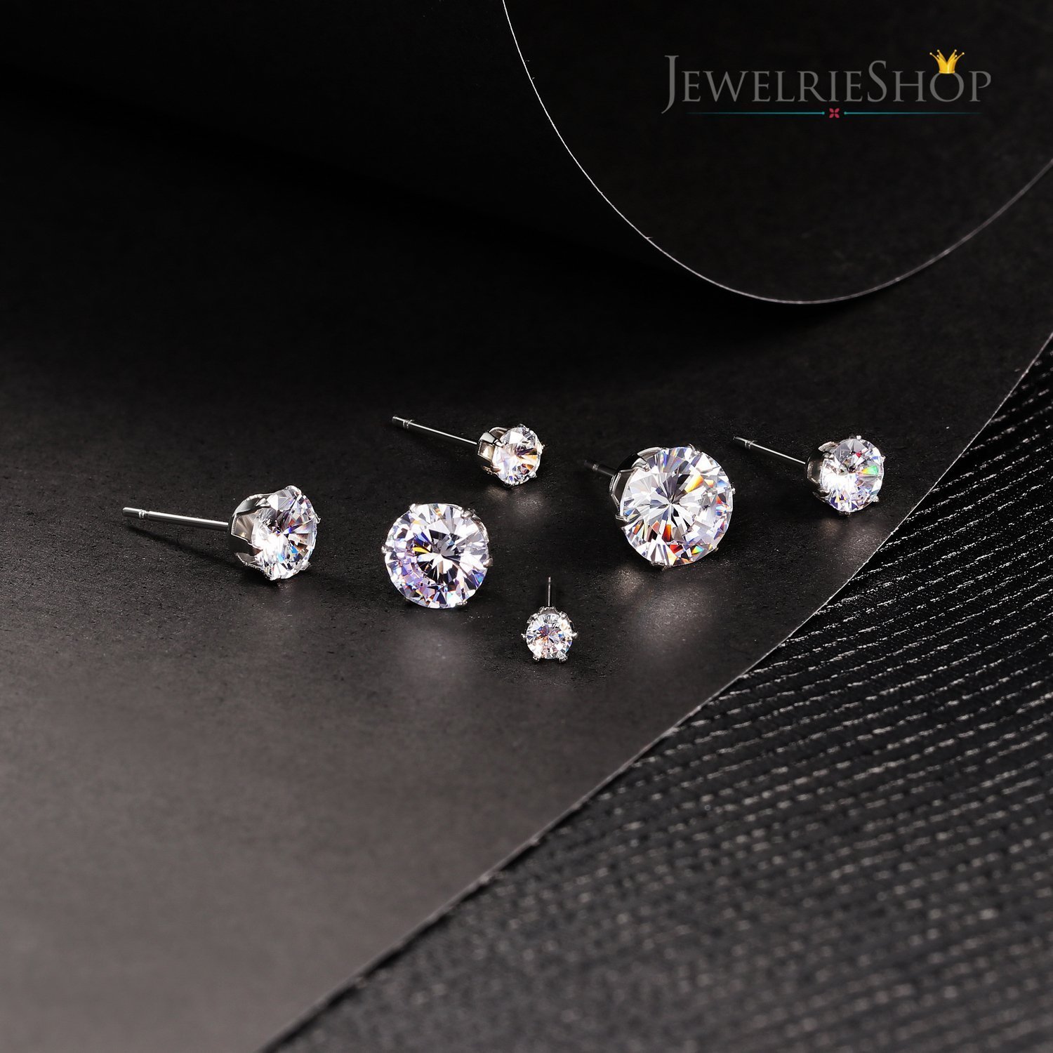 JewelrieShop Stud Earrings Surgical Steel Earrings for Sensitive Ears Hypoallergenic Cubic Zirconia Stud Earrings Pack for Women (6 Pairs, White CZ, Silver Post, 3-8mm, 6 Prong)