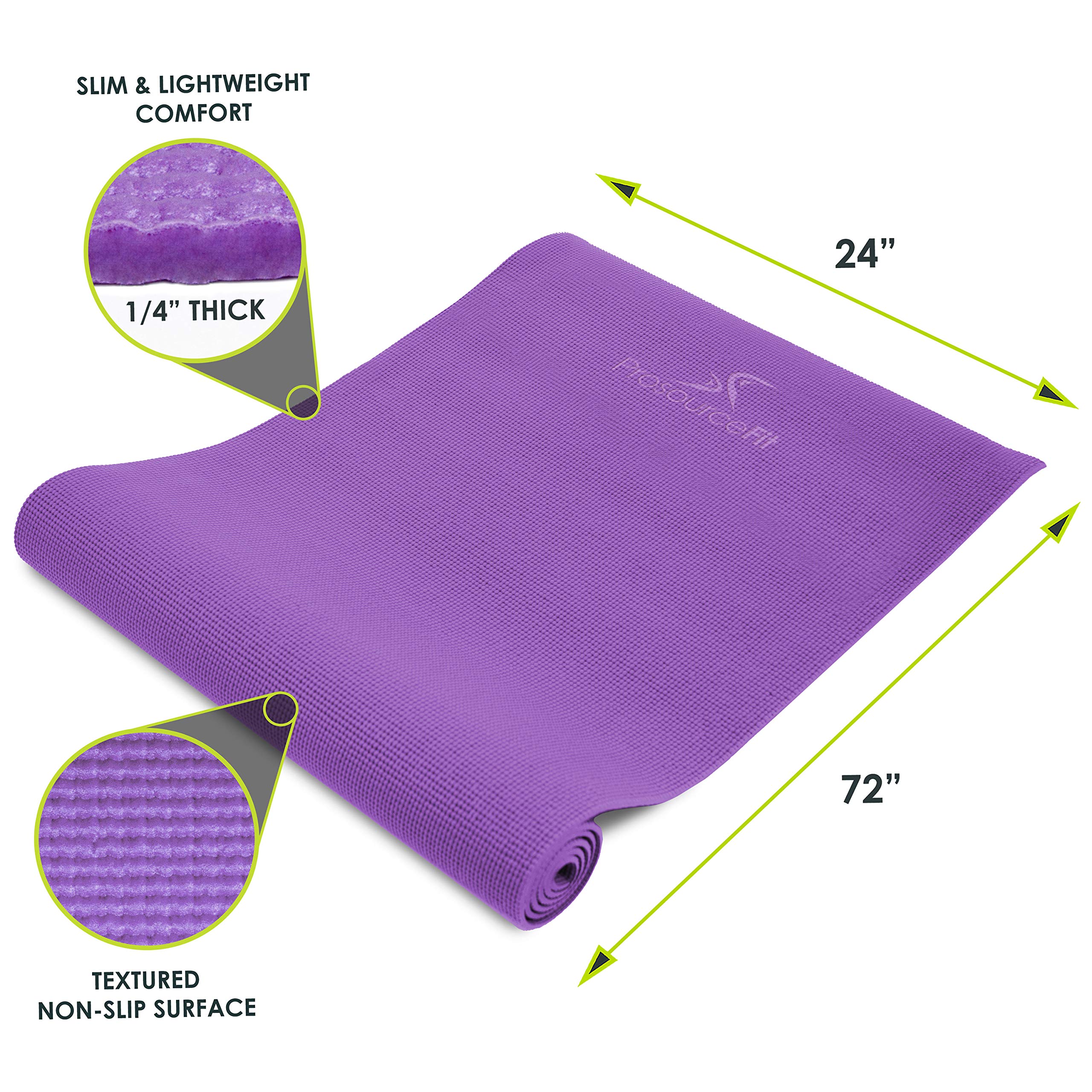 ProsourceFit Original Yoga Exercise Mat ¼” (6mm) Thick for Comfort and Stability with Carrying Straps, Non Slip –Multiple Colors