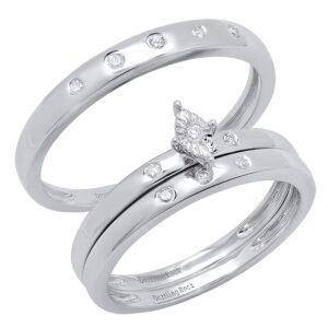 Dazzlingrock Collection 0.10 Carat (ctw) Round White Diamond Men & Women Wedding Rings Trio Bridal Set for Couple | 10K White Gold, Womens size 7 and Mens size 10