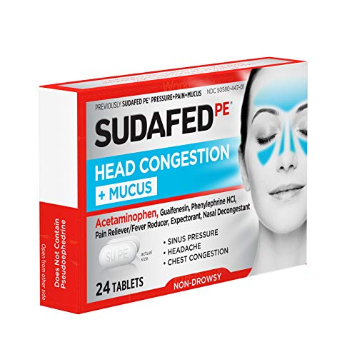 Sudafed PE Head Congestion + Mucus Relief Tablets for Sinus Pressure, Congestion, & Headache, Non-Drowsy Decongestant with Acetaminophen, Guaifenesin & Phenylephrine HCI, 24 ct