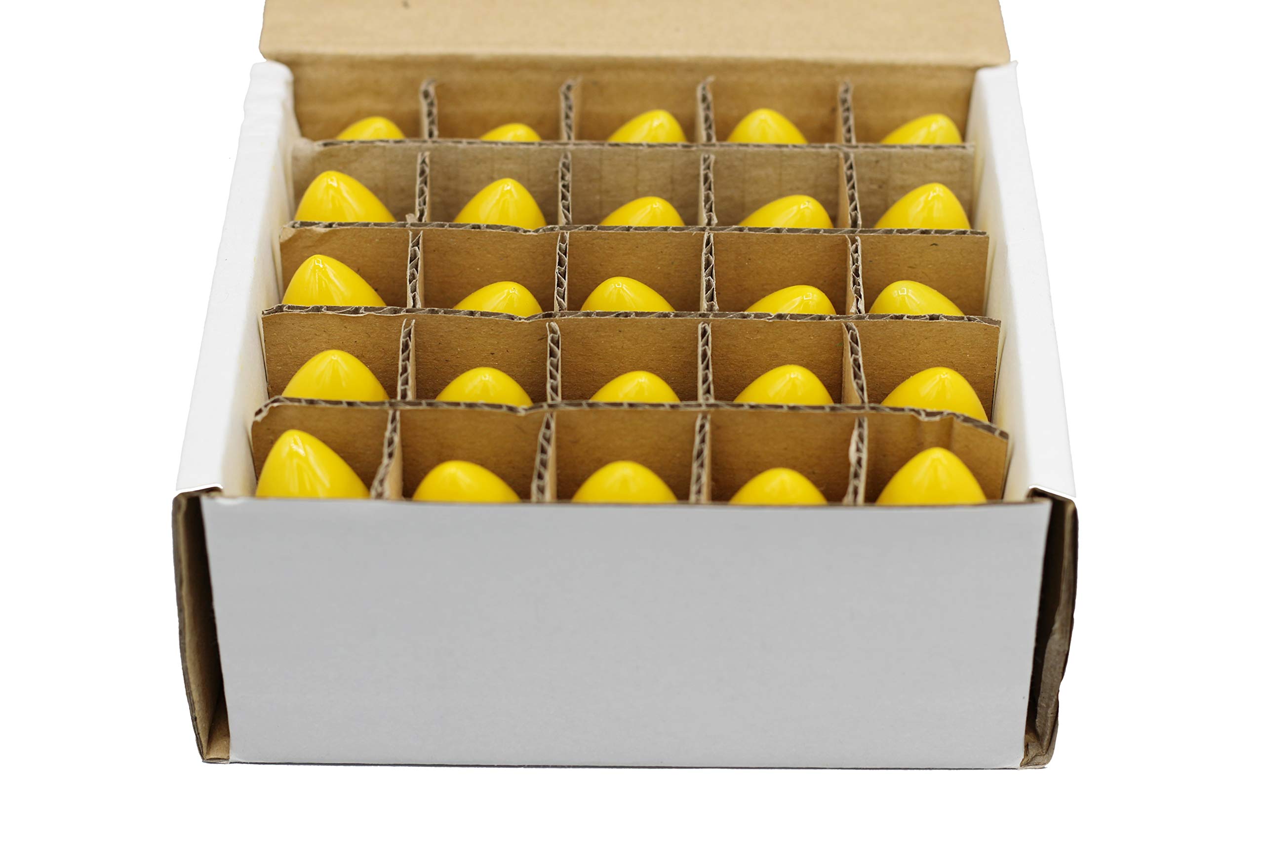 Box of 25 Light Bulbs - Opaque Yellow, Steady Burning, 7 Watt, C7 -E12 Candelabra Base -Great for Night Lights, Decorative Lights and Christmas Strings