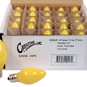 Box of 25 Light Bulbs - Opaque Yellow, Steady Burning, 7 Watt, C7 -E12 Candelabra Base -Great for Night Lights, Decorative Lights and Christmas Strings