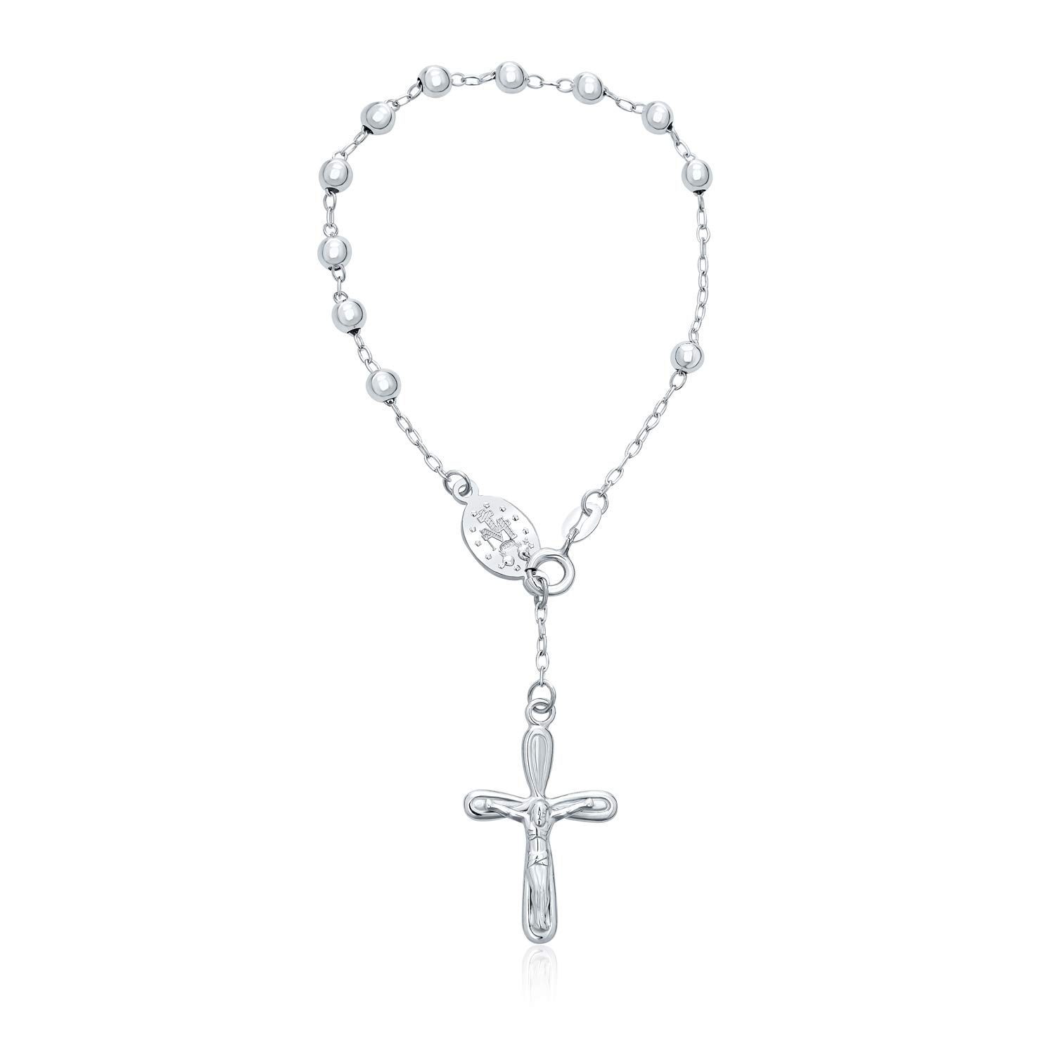 Bling Jewelry Religious Jesus Crucifix Infinity Cross Virgin Mary Rosary Prayer Beads .925 Sterling Silver Bracelet For Women Communion 3MM Bead 7 Inch