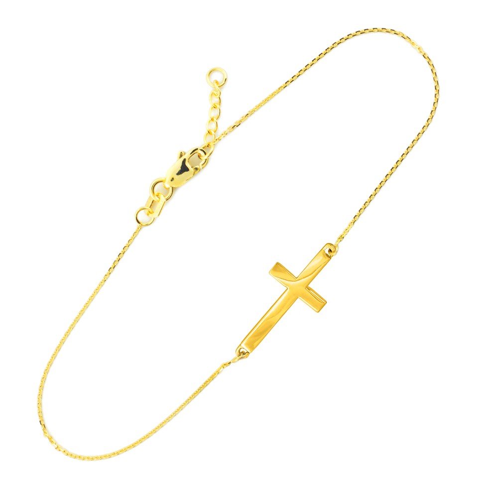 14K Yellow Gold Sideways Cross Crucifix Christian Rolo Chain Bracelet with Lobster Claw Clasp - Adjustable 7-1/2" with 1/2" Extender