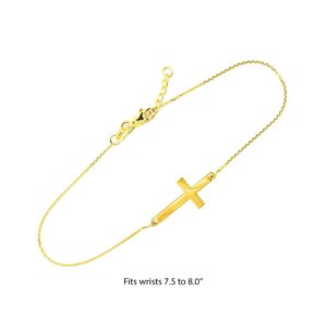 14K Yellow Gold Sideways Cross Crucifix Christian Rolo Chain Bracelet with Lobster Claw Clasp - Adjustable 7-1/2" with 1/2" Extender