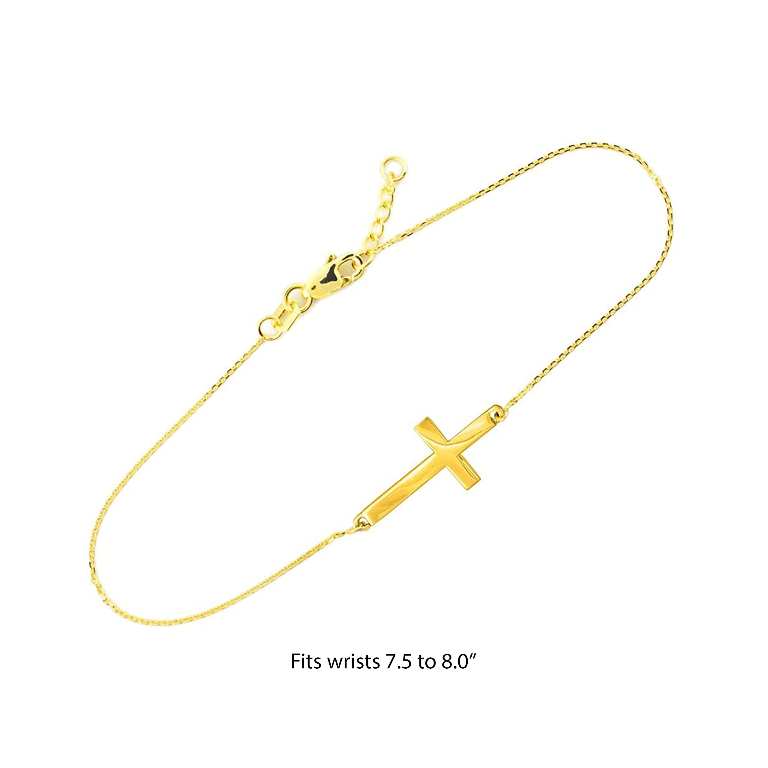 14K Yellow Gold Sideways Cross Crucifix Christian Rolo Chain Bracelet with Lobster Claw Clasp - Adjustable 7-1/2" with 1/2" Extender