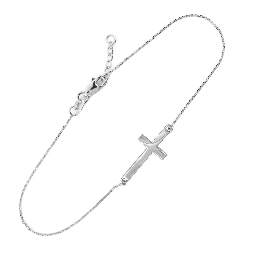 14K White Gold Sideways Cross Crucifix Christian Rolo Chain Bracelet with Lobster Claw Clasp - Adjustable 7-1/2" with 1/2" Extender