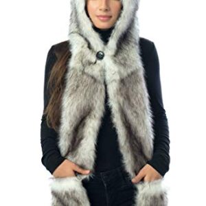 White Wolf Hood Faux Fur Hat with scarfs mittens & paws 3 in 1 by Hatbutik