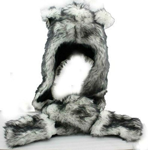 White Wolf Hood Faux Fur Hat with scarfs mittens & paws 3 in 1 by Hatbutik