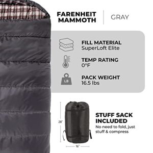 TETON Sports Fahrenheit Mammoth 0F/-18C Queen-Size Double Sleeping Bag; Warm and Comfortable; Double Sleeping Bag Great for Family Camping; Compression Sack Included Grey