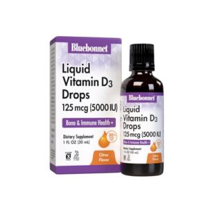 bluebonnet nutrition liquid vitamin d3 drops 5000 iu, aids in muscle and skeletal growth, d3, non gmo, gluten free, soy free, dairy free, kosher, citrus flavor (743715003781), 1 fl oz (pack of 1)