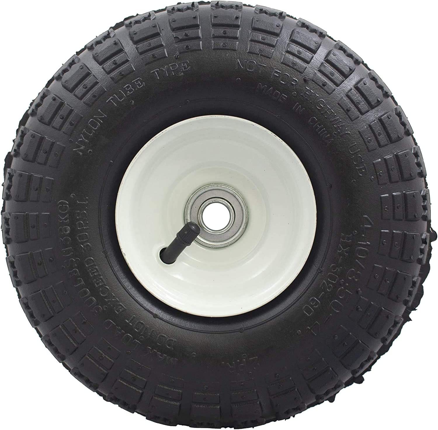 10 in. Tire on White Wheel - 4.10/3.50-4 KNOBBY TREAD