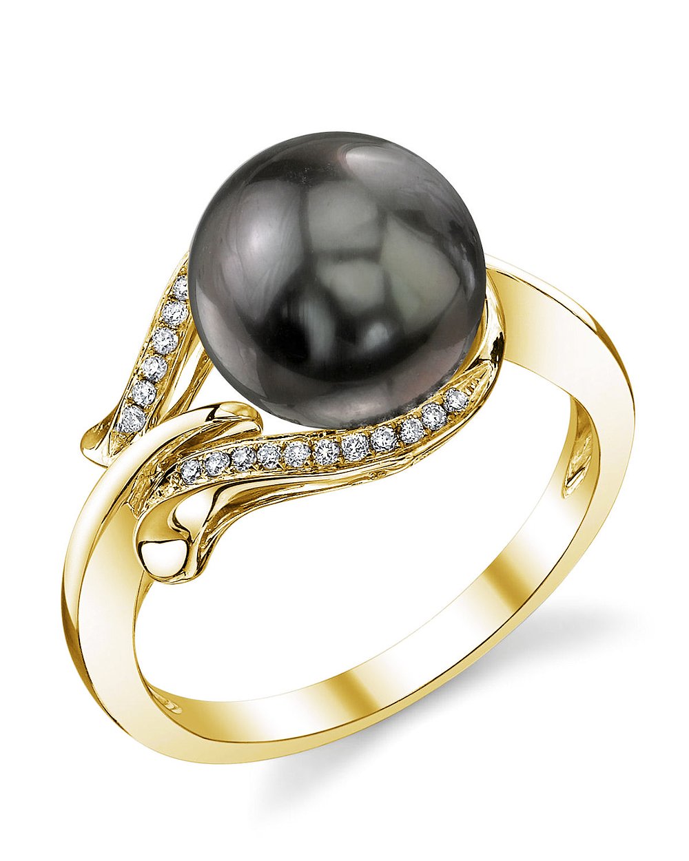 The Pearl Source 14K Gold 9-10mm Round Genuine Black Tahitian South Sea Cultured Pearl & Diamond Willow Ring for Women