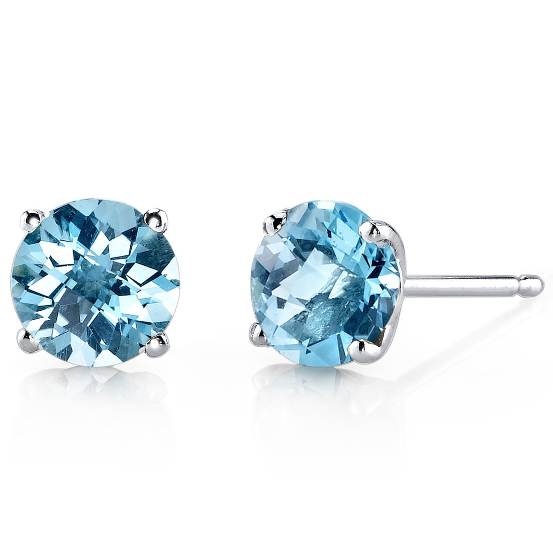 Peora Solid 14K White Gold Swiss Blue Topaz Stud Earrings for Women, Genuine Gemstone Birthstone Solitaire Round Shape, 6mm, 2 Carats total, Friction Back