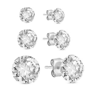 jewelili 10k white gold with 4mm, 5mm and 6mm white round cubic zirconia stud earrings, 3 pairs