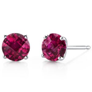 peora solid 14k white gold created ruby solitaire stud earrings for women, hypoallergenic 2.25 carats total round shape aaa grade, july birthstone, friction backs