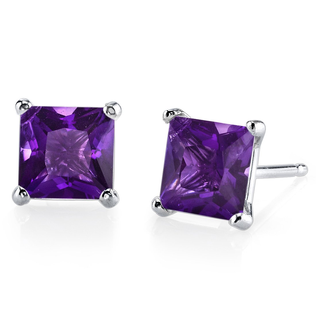 Peora Solid 14K White Gold Amethyst Stud Earrings for Women, Genuine Gemstone Birthstone Classic Solitaire Princess Cut, 6mm, 2 Carats total, Friction Back