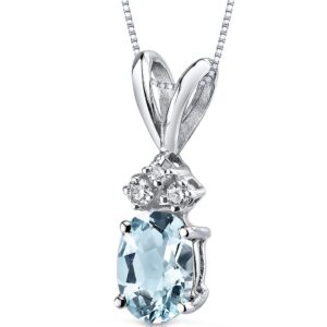 peora solid 14k white gold aquamarine and diamonds pendant for women, genuine gemstone birthstone dainty solitaire, oval shape, 7x5mm