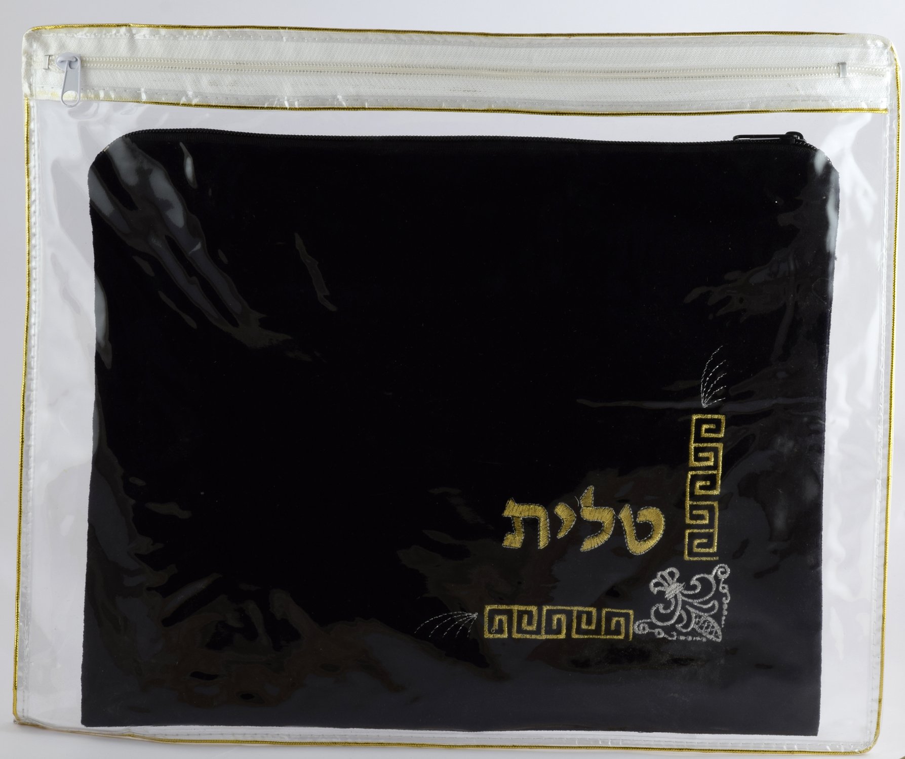 aJudaica Velvet Tallit Bag - Fleur De Lys Design Prayer Shawl Bag with Plastic Protector (Tallit Bag - Dark Blue)