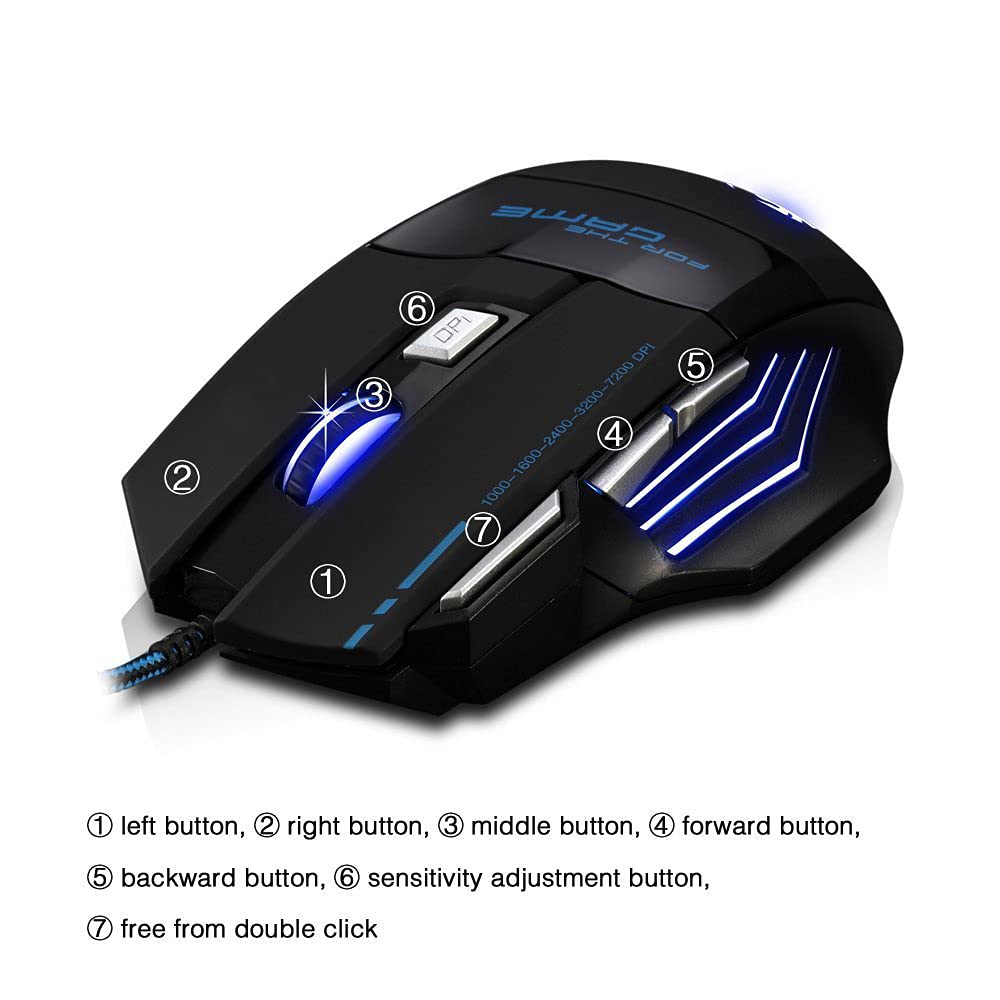 Zelotes Ergonomic 7200 DPI LED Optical Wired Gaming Mouse Mice 7 Buttons Compatible Mac Pro Gamer PC Laptop Desktop Notebook-Black Black(T80)