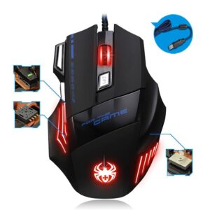 Zelotes Ergonomic 7200 DPI LED Optical Wired Gaming Mouse Mice 7 Buttons Compatible Mac Pro Gamer PC Laptop Desktop Notebook-Black Black(T80)