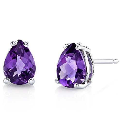 Peora Solid 14K White Gold Amethyst Earrings for Women, Genuine Gemstone Birthstone Solitaire Studs, 7x5mm Pear Shape, 1 Carat total, Friction Back