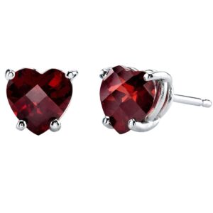 peora solid 14k white gold garnet heart stud earrings for women, genuine gemstone birthstone solitaire studs, 6mm, 1.75 carats total, friction back