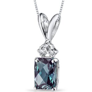 PEORA 14K White Gold Created Alexandrite with Genuine Diamond Pendant, Color-Changing Solitaire, Radiant Cut, 7x5mm, 1.25 Carats total