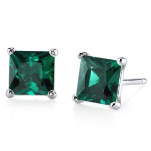 Peora Created Emerald Stud Earrings for Women 14K White Gold, Classic Solitaire, 2 Carats total Princess Cut, 6mm, Friction Back