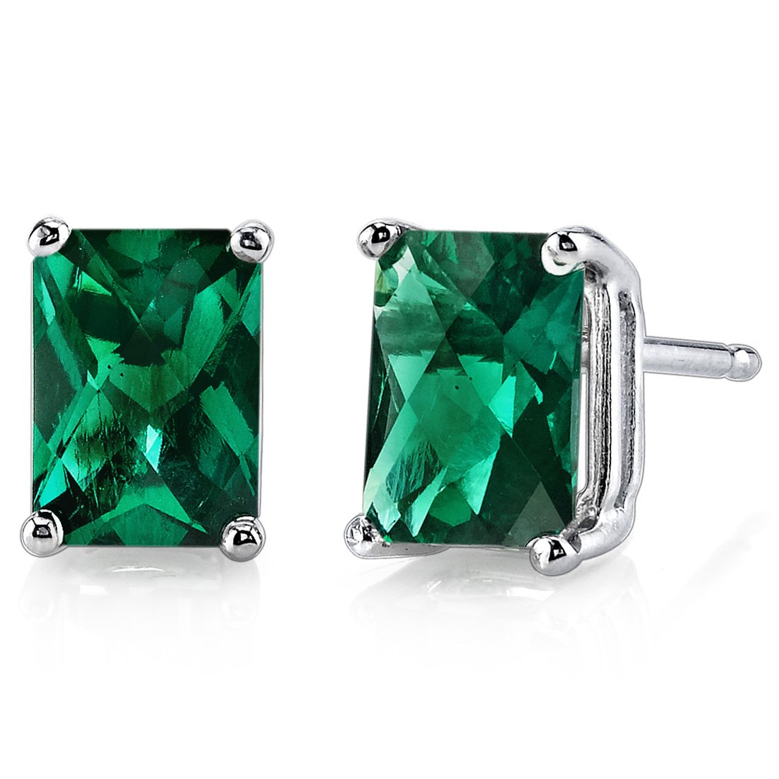 Peora Solid 14K White Gold Created Emerald Earrings for Women, Hypoallergenic Solitaire Studs, 7x5mm Radiant Cut, 1.75 Carats total, Friction Back