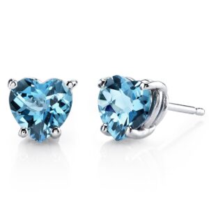 Peora Swiss Blue Topaz Heart Stud Earrings for Women 14K White Gold, Genuine Gemstone Birthstone Classic Solitaire Studs, 6mm, 1.75 Carats total, Friction Back